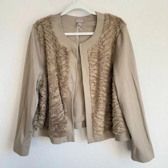 Chico’s Women Faux Fur Ponte Taupe Tan Jacket Cardigan Paneled Solid Size 3 NWOT - Picture 9 of 11